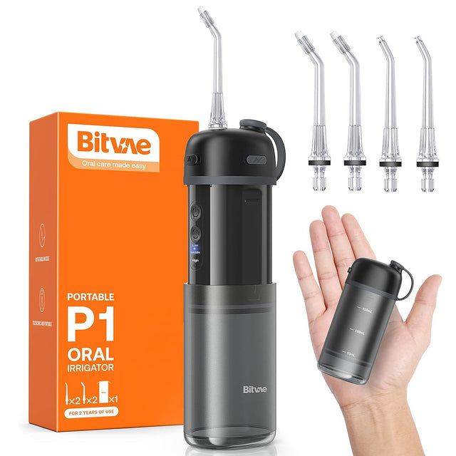 Bitvae Water Flosser P1 (BVP1), with Telescopic Water Tank, 4x 360° Rotating Nozzle, for Sensitive Teeth, IPX7, Negru