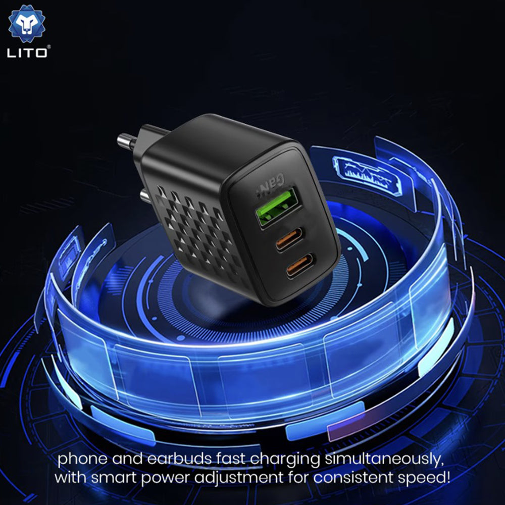Incarcator Lito (LC25T), with Type-C Cable Included, 2x Type-C, USB Output, PD65W, GaN, PC Fireproof, EU Plug, Negru