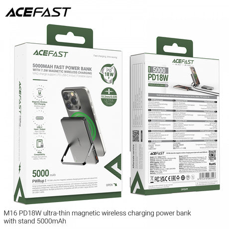 Baterie externa Acefast Magnetic Wireless (M16-5000), with Foldable Stand, USB-C Port, 5000mAh, PD18W, LED Indicator, Negru