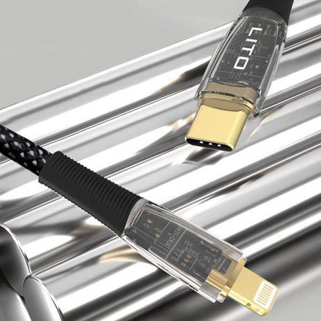 Cablu Lito Transparent (LD01), Type-C to Lightning, Fast Charging 27W, Braided, Gold Plated Interface, 1.2m, Negru