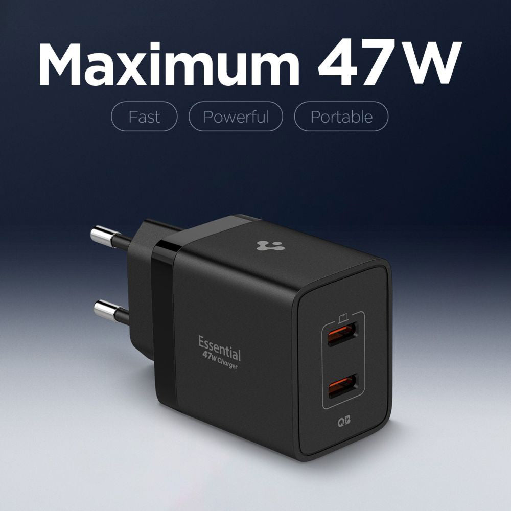 Incarcator Spigen Essential EE472EU (ACH09457), 2x Type-C, Fast Charging, Quantum Boost, 47W, Negru