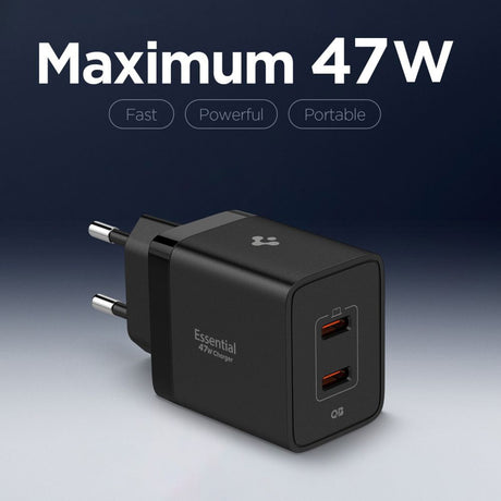 Incarcator Spigen Essential EE472EU (ACH09457), 2x Type-C, Fast Charging, Quantum Boost, 47W, Negru