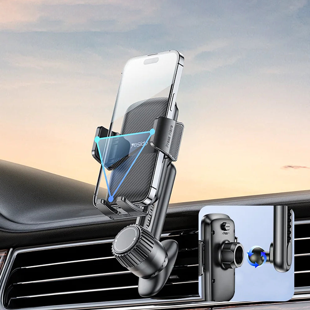 Suport Yesido (C242), for Air Vent, with Auto Extending Clip by Switch Button, Telescopic Arm, Negru