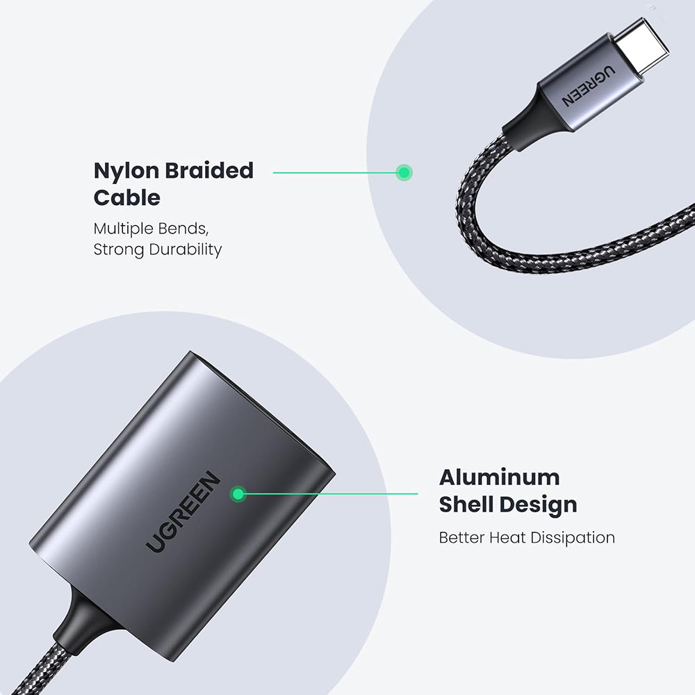 Cablu Ugreen Card Reader CM401 (80888), Type-C to TF/SD Card, 5Gbps, 2TB, 15cm Cable, Gri