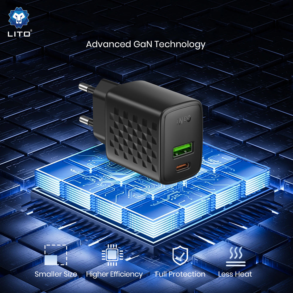 Incarcator Lito (LC24), Type-C, USB Output, PD65W, GaN, PC Fireproof, EU Plug, Negru