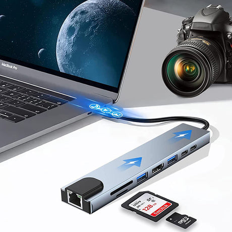 Hub/Dock Techsuit Docking Station NetBridge 8 in 1 (H2), Type-C to 2x Type-C, 2x USB, HDMI, RJ45, TF/SD, 4K@30Hz, PD87W, Gri