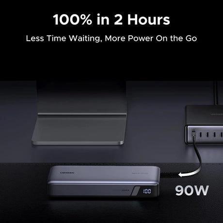 Baterie externa Ugreen PB552 (55995B), Fast Charge, Digital Display, USB, USB-C, Built-In 2x USB-C Cable, 165W, 25000mAh, Gri