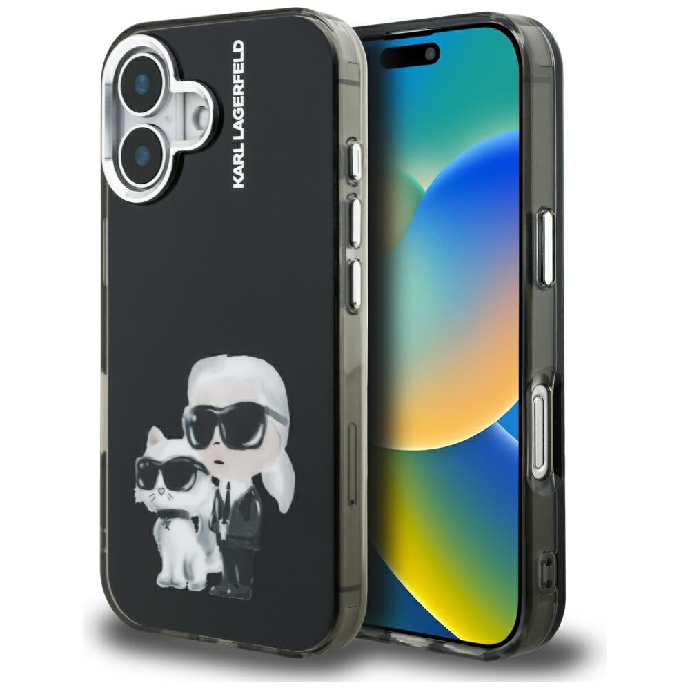 Husă de protecție Karl Lagerfeld IML Aquarelle Karl & Choupette pentru iPhone 16, neagră