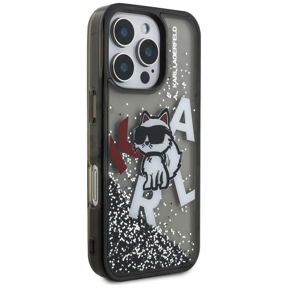 Husa de protectie Karl Lagerfeld Liquid Glitter Choupette Logo MagSafe (KLHCP16LLCHSCTDK) compatibil cu iPhone 16 Pro, Negru