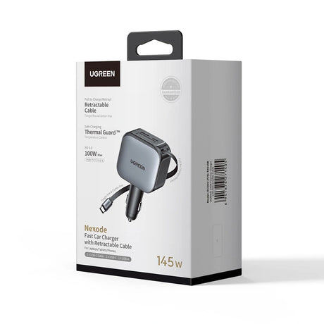 Incarcator Ugreen Car EC604 (55910B), with Retractable USB-C Cable, Dual-Port, 145W, 70cm, Negru