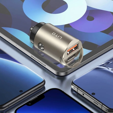 Incarcator Lito Car (IN-C03), 1x USB, 1x Type-C, 30W, Fast Charging, Ultra-Mini & Sleek Design, Universal, Gunmetal