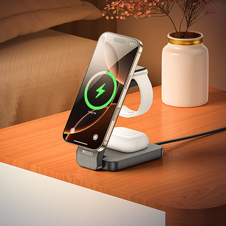 Incarcator Yesido Wireless Charging Station (DS26), Magnetic, for Phone, Watch, Earbuds, Foldable, Stand, Night Light, 15W, Gri