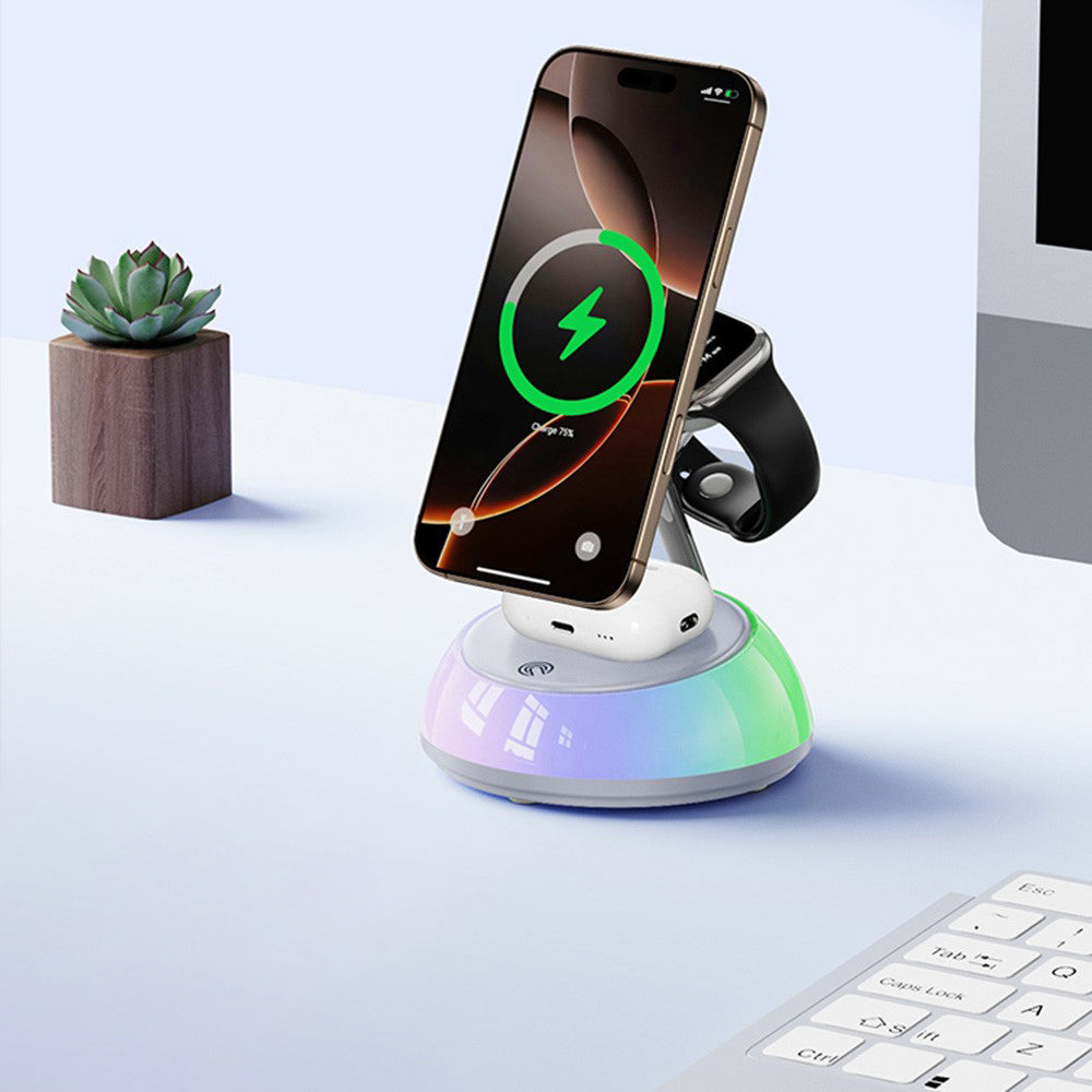 Incarcator Yesido Wireless Charging Station 3in1 (DS31), for iPhone, Apple Watch, AirPods, Magnetic Grip, RGB Lighting, Alb