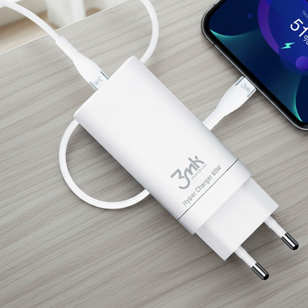 Incarcator 3mk Hyper, 2x Type-C, 1x USB-A, GaN Technology, Quick Charge, 65W, Alb