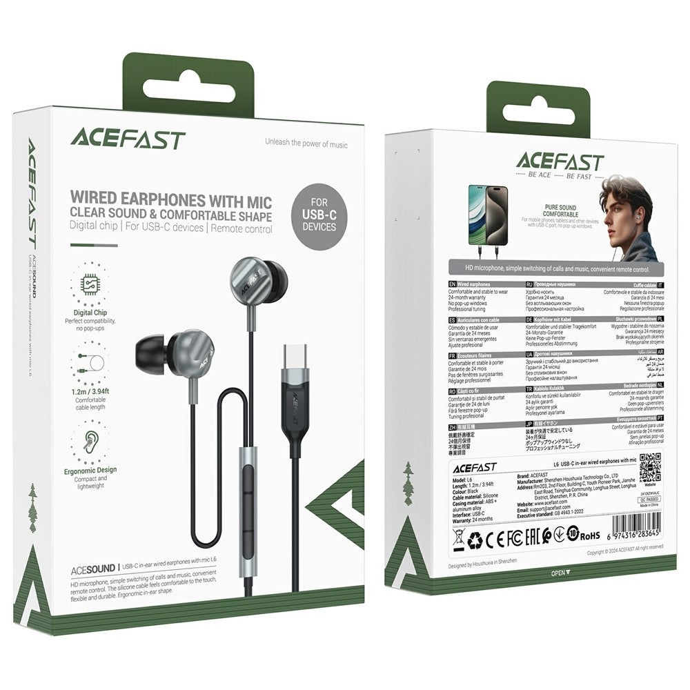 Casti Acefast L6, USB-C, In-ear, Negru