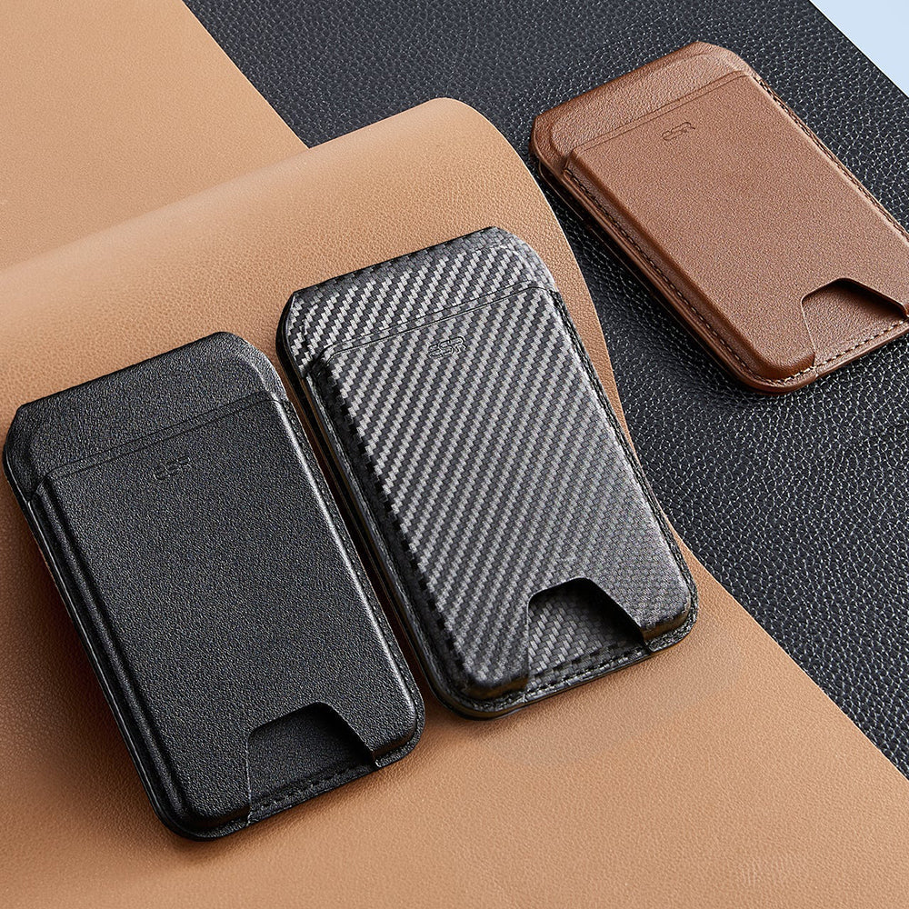 Suport ESR Classic Magnetic Wallet Stand (3C13210300664), with Magnetic Ring, Vegan Leather, Adjustable, 3x Slots, Carbon Fiber