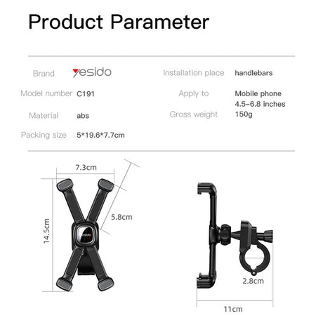 Suport Yesido Bike (C191), for Bicycle/Motocycle, Multi-Angle Adjustment, 4.5-6.8", Negru