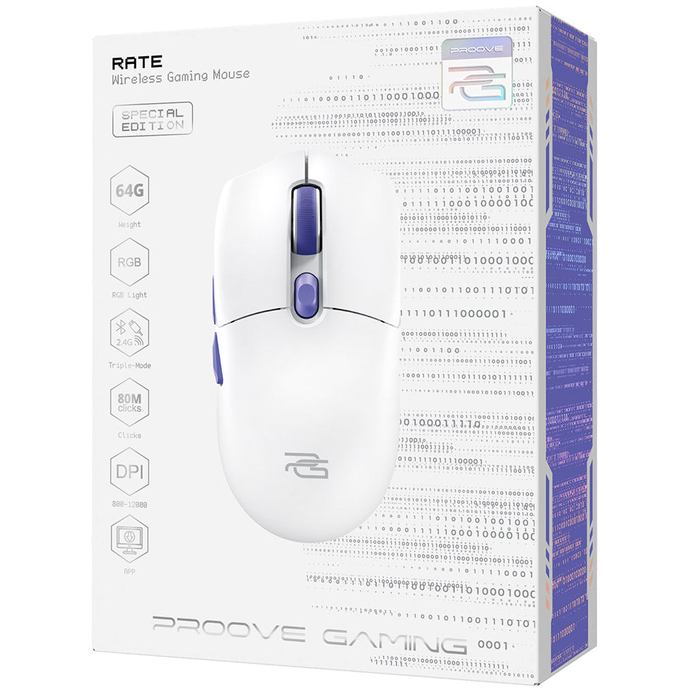 Tastatura/Mouse Proove Wireless Mouse Rate Special Edition (CMRTWRS03002), for Gaming, with 6 Buttons, 800-12000DPI, 650mAh, 1.5m, Alb