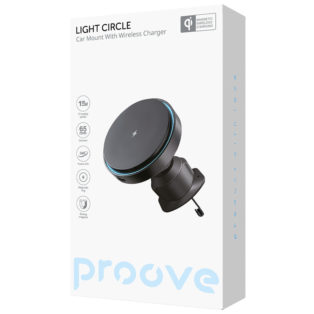 Suport Proove with Wireless Charging Light Circle (WHLC15010001), MagSafe, for Air Vent, 360°, 15W, Blue LED, Negru