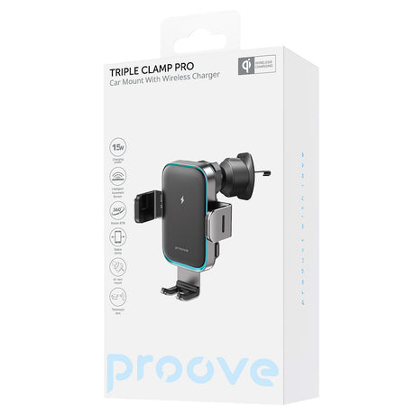 Suport Proove with Wireless Charging Triple Clamp Pro (WHTP15010004), 2in1 Mount, Automatic, LED, Qi2 15W, Metal Grey