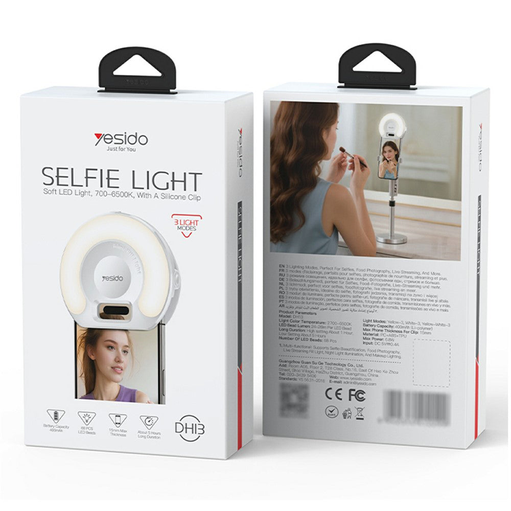 Suport Yesido LED Selfie Light with Phone Clip (DH13), 400mAh, 6.8W, 3 Lights Mode, Alb