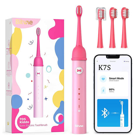 Bitvae Electric Toothbrush (BVK7S), Sonic, for Kids, 3 Smart Modes, with App, 3 Tips Set, Pressure Sensor, IPX7, Roz