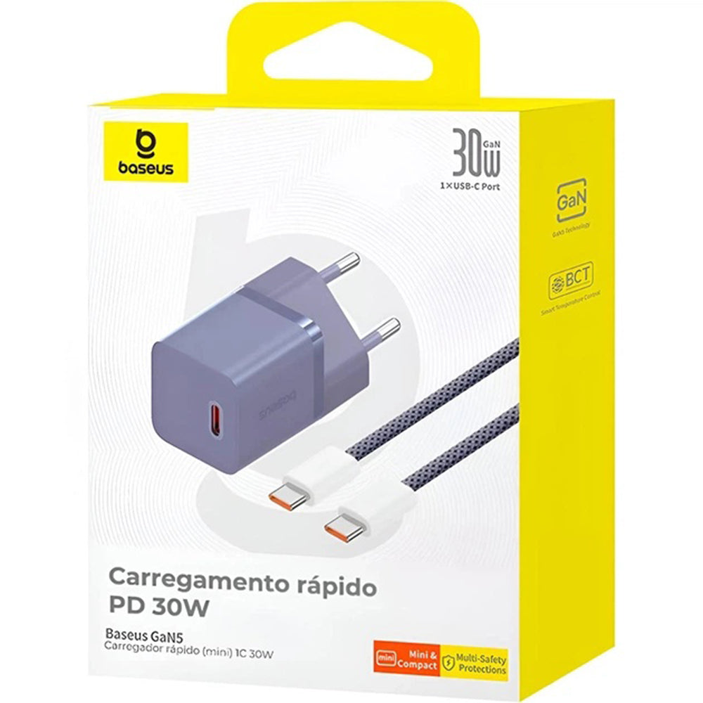 Incarcator Baseus (P10110902523-00), Type-C Cable Included, GaN, Type-C, Fast Charging, 30W, 1m, Bleumarin Purple
