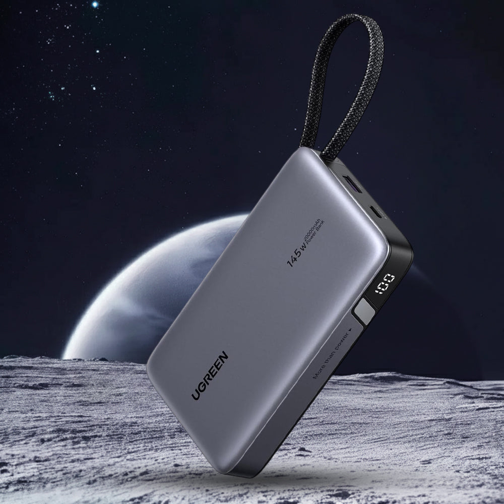 Baterie externa Ugreen PB551 (55992B), Fast Charging, Digital Display, USB, Type-C, Built-In USB-C Cable, 145W, 20000mAh, Gri