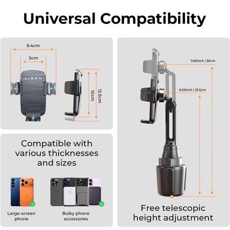 Suport Lisen (YL0223070048), for Cup Holder, Universal, Adjustable, Anti-Shake, for Phone, Tablet up to 12.9", Negru