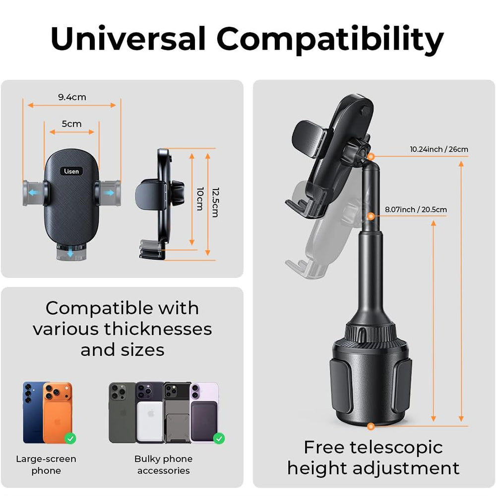 Suport Lisen (YL0220100001), for Cup Holder, Universal, Multi-Angle Adjustment, Secure Fit, Anti-Shake, Negru