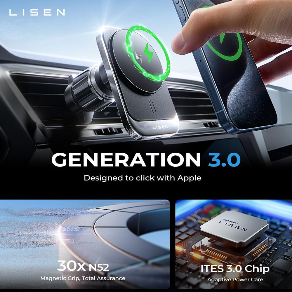 Suport Lisen with Wireless Charging (YL0223070009), MagSafe, Air Vent, Square Shape, One-Click Release, 15W, Negru