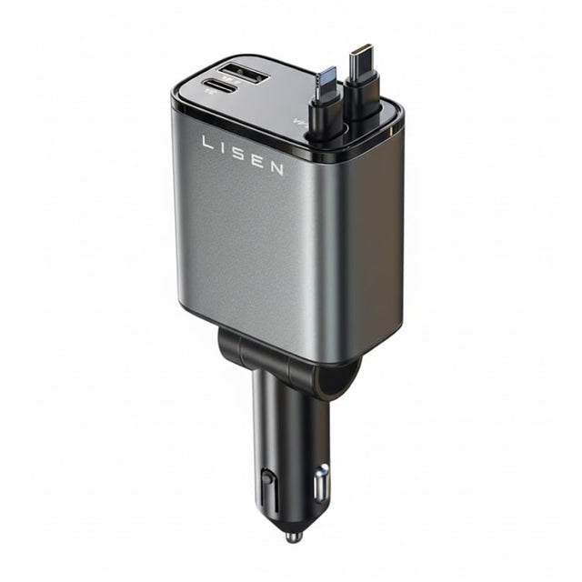 Incarcator Lisen Car (YL0224040031), 4in1, USB, Type-C, with USB-C, Lightning Retractable Cable, Aluminum Alloy, Negru