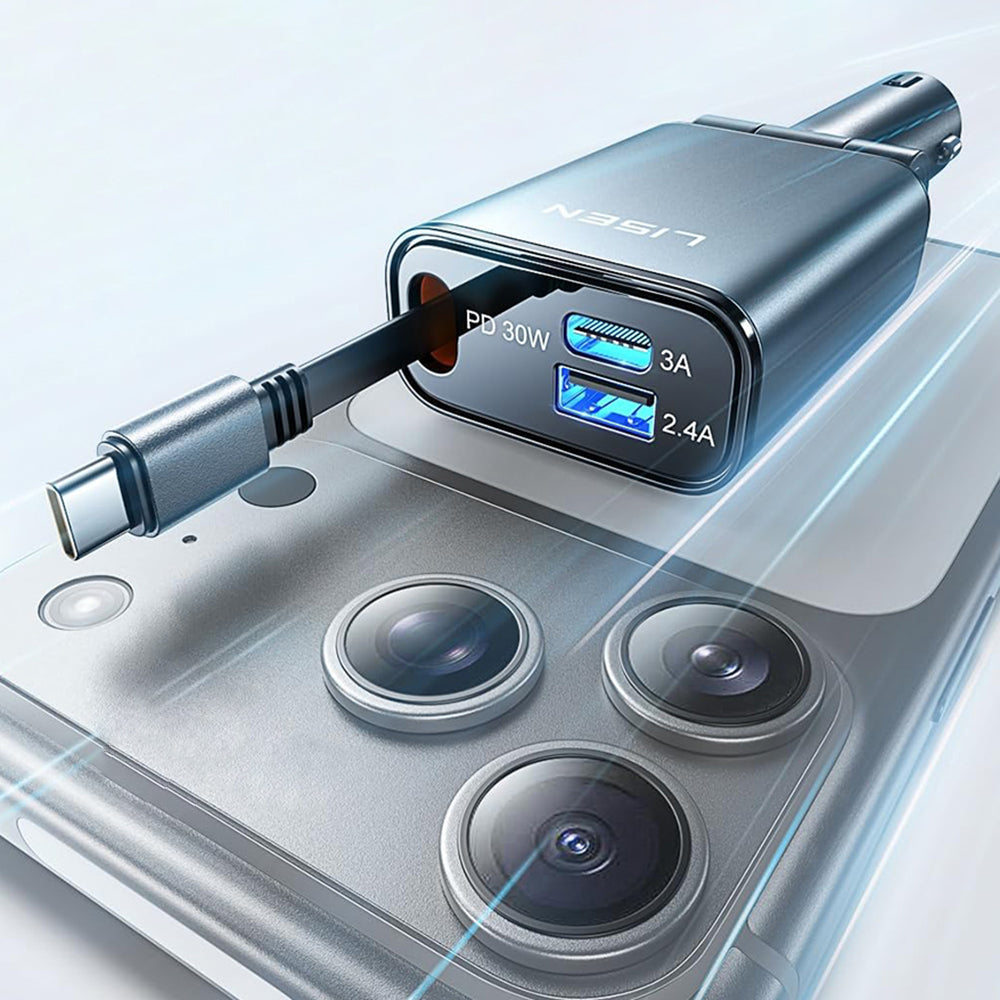 Incarcator Lisen Car (YL0325010016), 3in1, with Type-C Retractable Cable, 57W, Aluminum Alloy, 12V/24V, Negru
