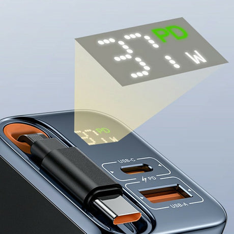 Incarcator Yesido (YC100), USB, Type-C, GaN, Fast Charging, Digital Display, 67W, Retractable Type-C Cable, 65cm, Negru