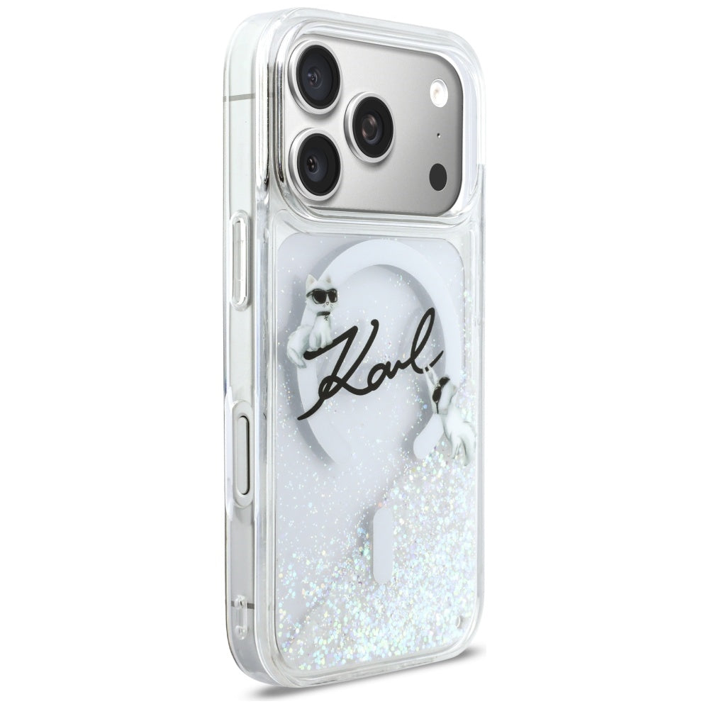Husa de protectie Karl Lagerfeld Glitter Karl Script Logo MagSafe (KLHMP17L6LKSCAMT) compatibil cu iPhone 17 Pro, Transparent