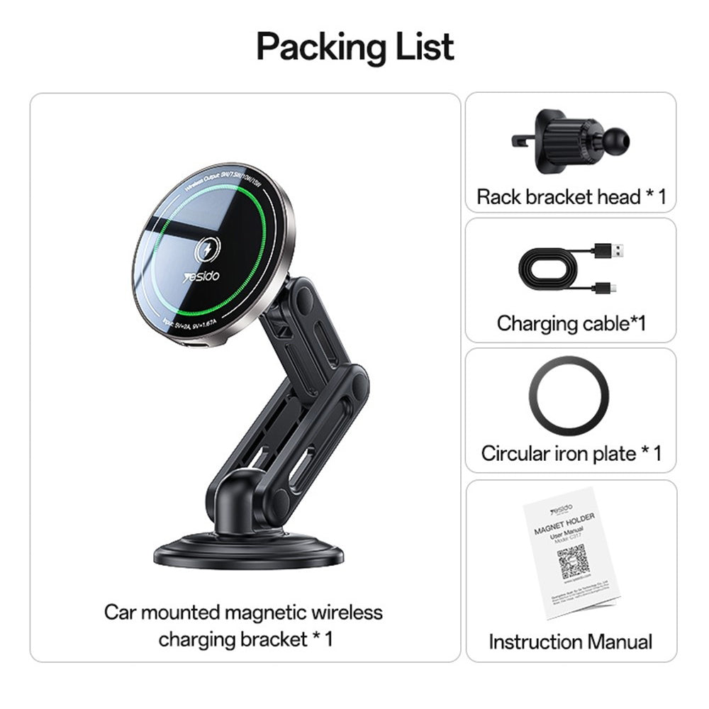 Suport Masina cu Alimentare Wireless, Prindere Bord, Ventilatie, 15W - Yesido (C317) - Black
