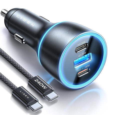 Incarcator Lisen Car (YL0225060006), with Type-C Cable, USB, 2x Type-C, 170W, GaN, Fast Charge, 12V/24V, 2m, Negru