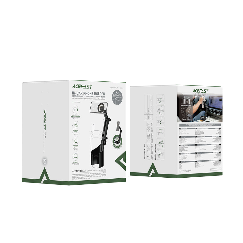 Suport Acefast- Car Holder (D62) Magnetic, with 2 Bases, N52 Magnets, Multi-angle Adjustment, Non‑slip Silicone, Universal, Black