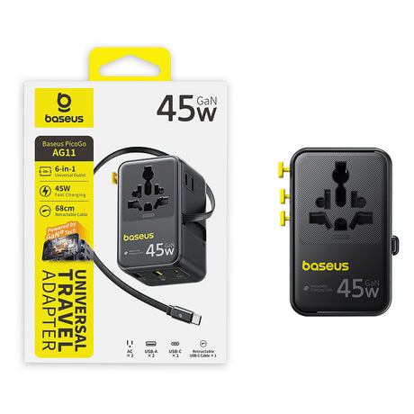 Adaptor Baseus PicoGo AG11 (E0307F00), 2x AC / 2x USB / USB-C, 45W, Negru