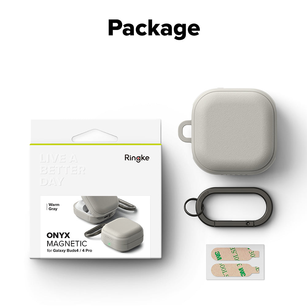 Casti Ringke Protection Case Onyx Magnetic, for Samsung Galaxy Buds 4 / Buds 4 Pro, Non-Slip Texture, Carabiner Hole, Warm Grey