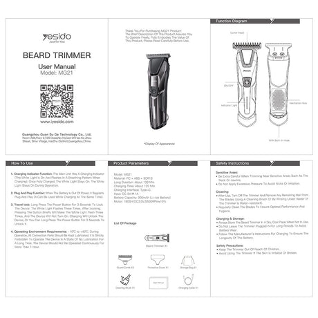 Yesido Beard Trimmer (MG21), Type-C, 5500RPM, 900mAh, Negru