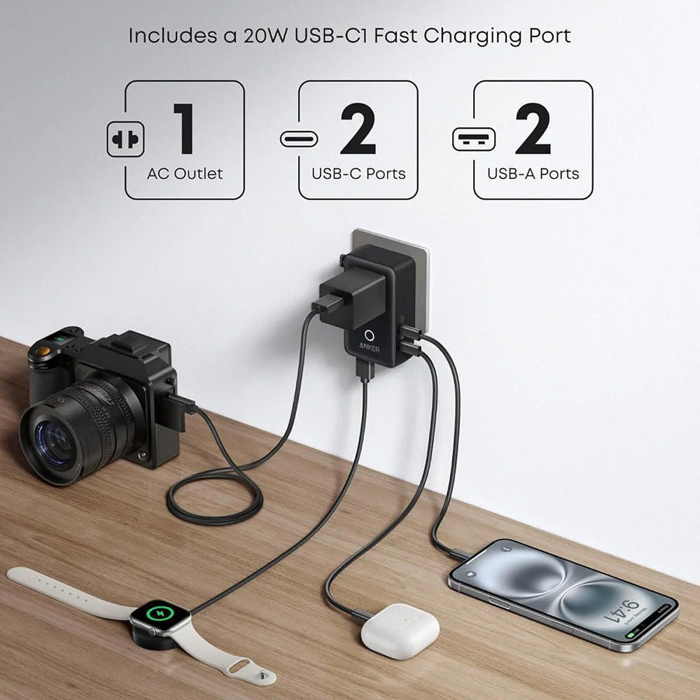 Incarcator Anker Travel Adapter Nano 5in1 (A9215H11), for EU, UK, US, AU, 20W, 2x USB-C, 2x USB-A, 20W, Alb
