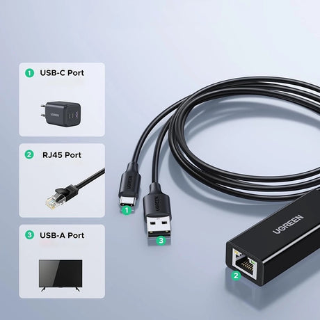 Adaptor Ugreen Ethernet Adapter CR110 (75535), USB, Type-C to RJ45 LAN Port, Plug & Play, Universal, LED Indicator, 100Mbps, Negru