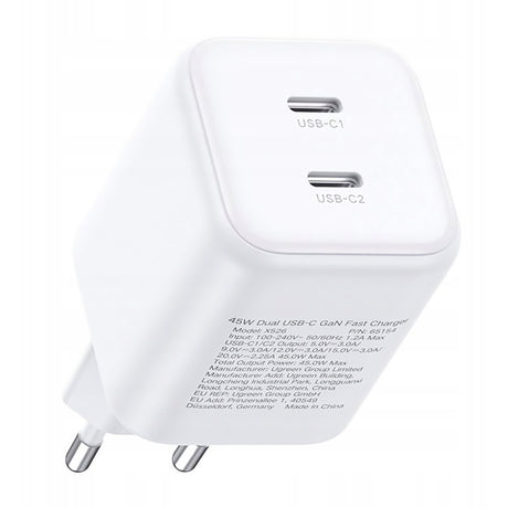Incarcator Ugreen (65154), 2x USB-C, 45W, GaN, Alb