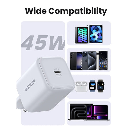 Incarcator Ugreen (65053), USB-C, 45W, Fast Charge, Alb
