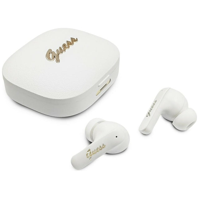 Casti Guess Script Metal Logo (GUTWSX45PGSH), Bluetooth V5.4, TWS, with Microphone, Type-C, 400mAh, Alb