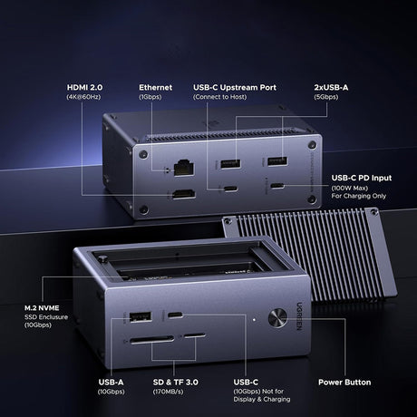 Hub/Dock Ugreen 10in1 Docking Station CM923 (55735), 3x Type-C, 3x USB, SD/TF, RJ45, M.2 NVMe, HDMI, PD100W, 4K@60Hz, 10Gbps, Gri