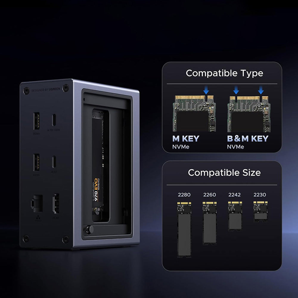 Hub/Dock Ugreen 10in1 Docking Station CM923 (55735), 3x Type-C, 3x USB, SD/TF, RJ45, M.2 NVMe, HDMI, PD100W, 4K@60Hz, 10Gbps, Gri