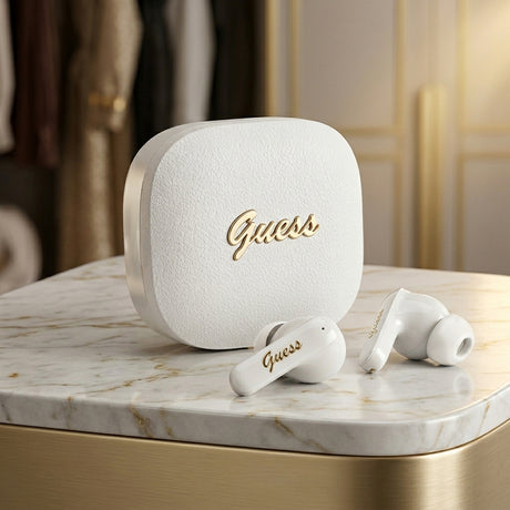 Casti Guess Script Metal Logo (GUTWSX45PGSH), Bluetooth V5.4, TWS, with Microphone, Type-C, 400mAh, Alb