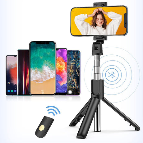 Suport Techsuit Selfie Stick (K07), Compact Tripod Mount with Bluetooth Remote Control, Foldable, 70cm, Negru